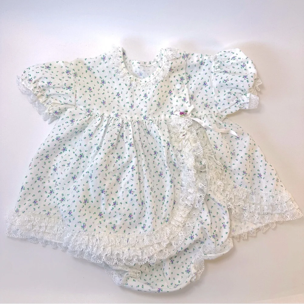 VTG Dress Bloomer White Purple Flowers 18M 2pc set Side Button Unique Lace USA